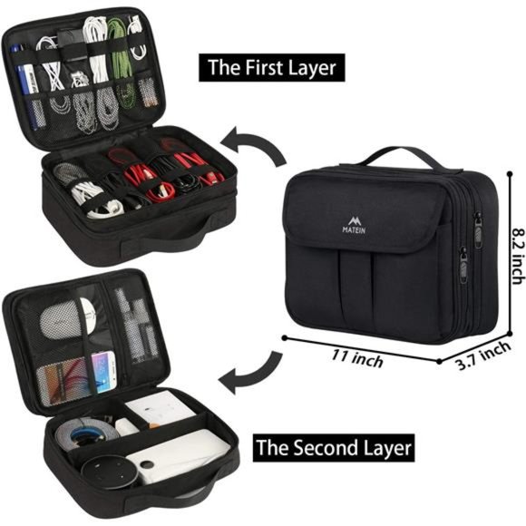 Electronics Organizer, Waterproof Case Portable Double Layer Bag, Black - Picture 2 of 6